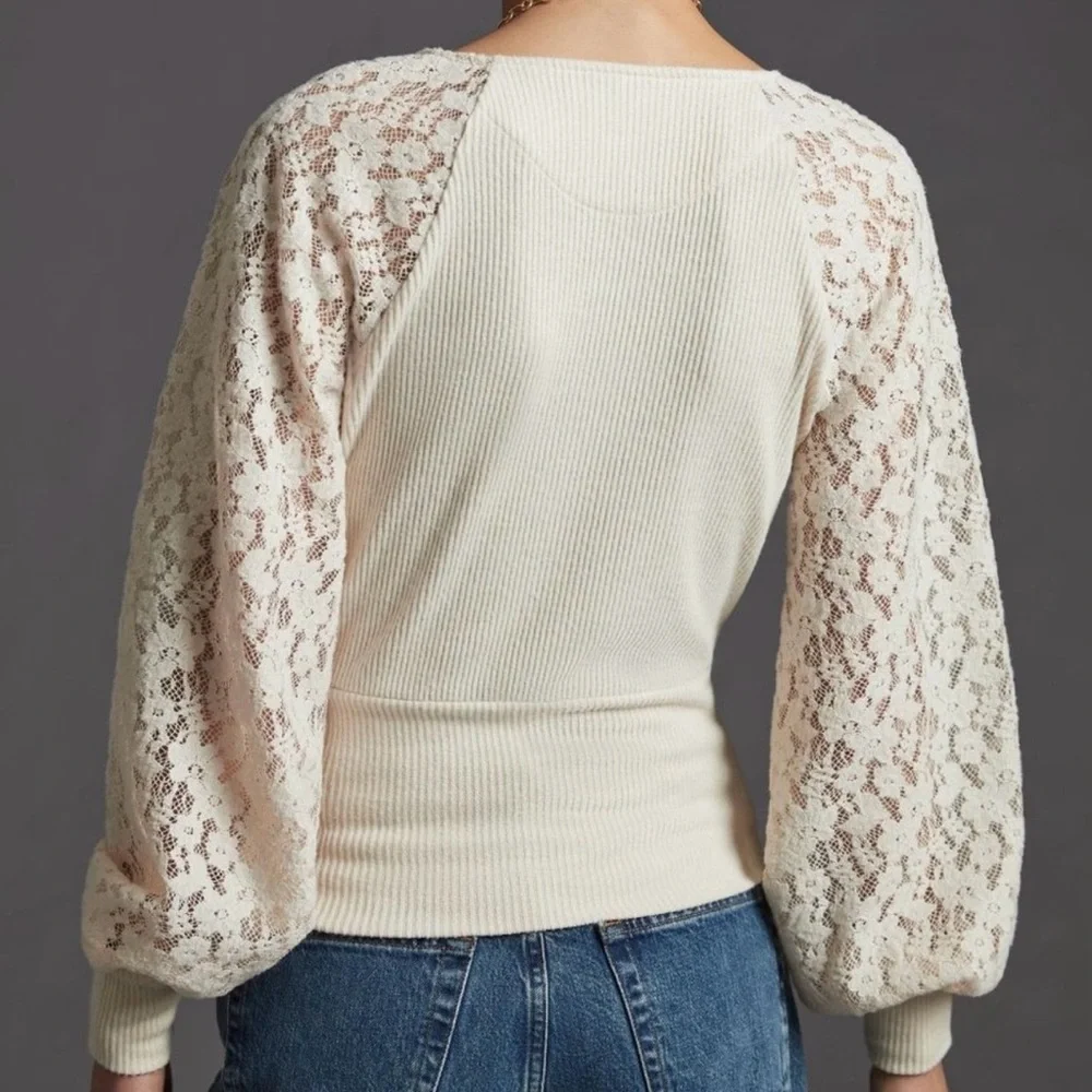 Anthropologie Lace Sleeve Ribbed Long Sleeve Top - Picture 2 of 10